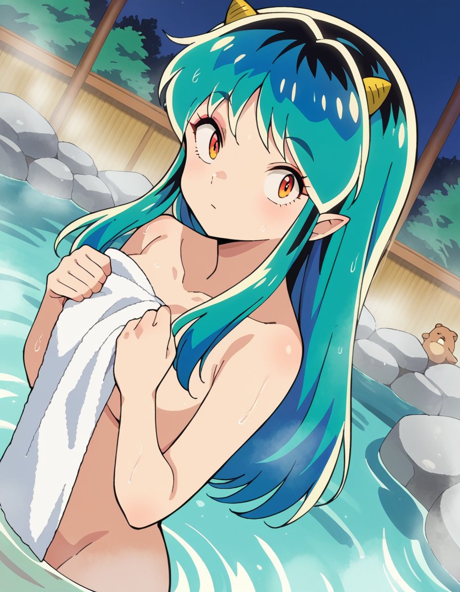 score_9, score_8_up, score_7_up, source_anime,uruseilum, <lora:urusei-lum-anime-s1-ponyxl-lora-nochekaiser:1>,lum, long hair, bangs, blue hair, orange eyes, horns, pointy ears, aqua hair, oni horns, eyeshadow,nude, naked, outdoors, onsen, towel, naked towel, steam, bathing, nude cover, partially submerged, water, bath, steam censor, wet towel,looking at viewer, dutch angle, cowboy shot,