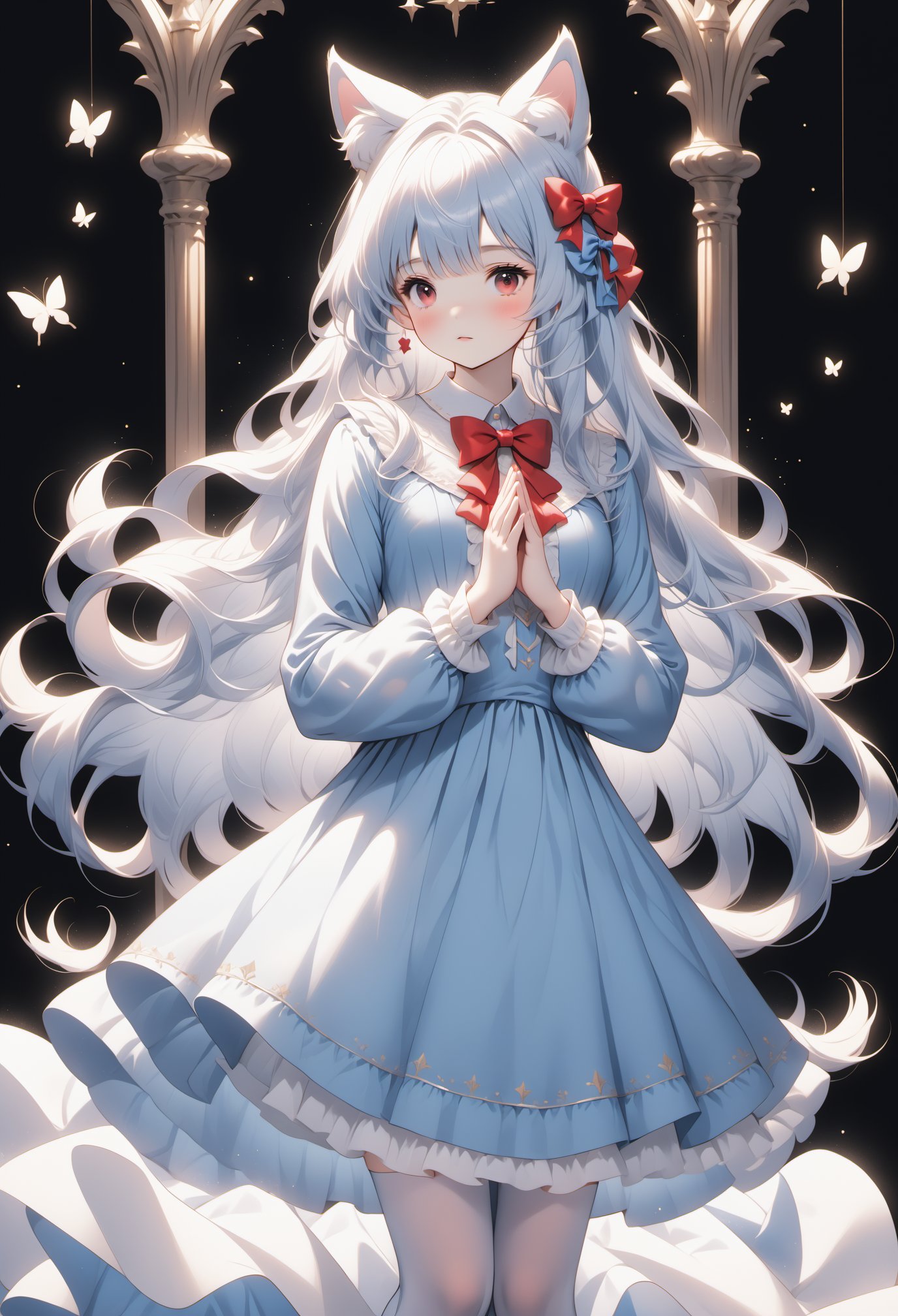 1girl, multiple colored hairs,hair,lovely,cute,whole bodyblue bow,animal ears, red eyes, long hair, very long hair, long sleeves, solo, bow, hair between eyes, bangs,dress, legwear,white hair,chest,pray