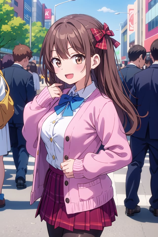 insanely detailed, absurdres, ultra-highres, ultra-detailed, best quality,1girl, solo, nice hands, perfect handsBREAK(School Uniforms:1.2), (pink cardigan is fit body:1.4), ((do up a buttons, not loose):1.5), ((long sleeve, sleeves past wrists):1.2), (inner wear is white collared-shirt:1.3), (red plaid-pattern bow:1.3), (red plaid-pattern pleated skirt:1.3), ((dark-brown pantyhose, loafers):1.2)BREAKhappy smile, laugh, open mouth, standing,from side,cute pose, cowboy shotBREAKslender, kawaii, perfect symmetrical face, ultra cute girl, ultra cute face, ultra detailed eyes, ultra detailed hair, ultra cute, ultra beautifulBREAKin harajuku, shibuya, tokyo, street, crowd, cityscapeBREAKmedium large breasts,(brown hair, brown eyes), hime cut