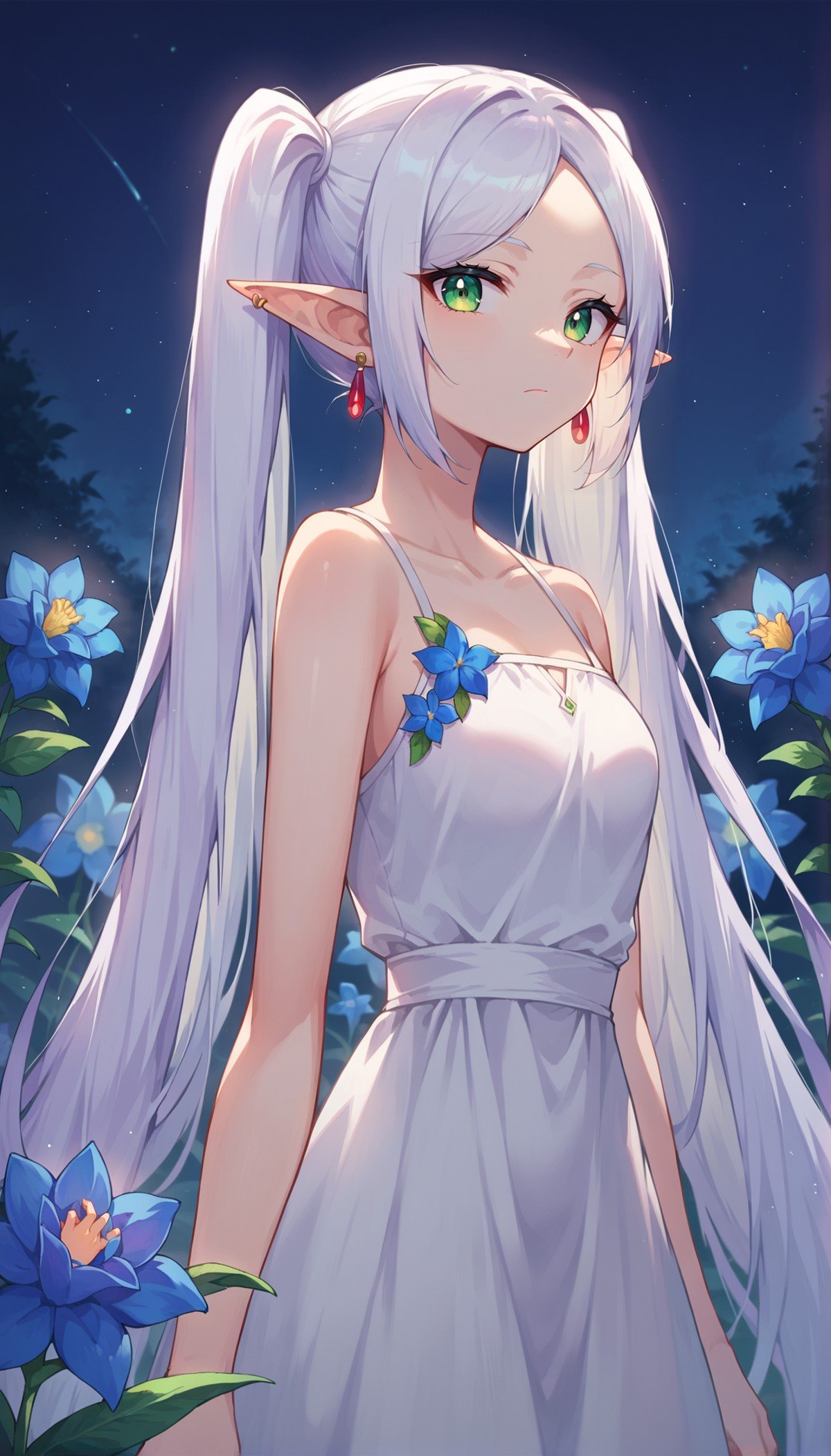 score_9, score_8_up, score_7_up, score_6_up, masterpeice, BREAKsource anime, nereirfpnxl, frieren, 1girl, solo, pointy ears, green eyes, twintails, very long hair, earrings, white dress, closed mouth, parted bangs, white hair,  blue flower, night, bioluminescence, moonlight, backlighting