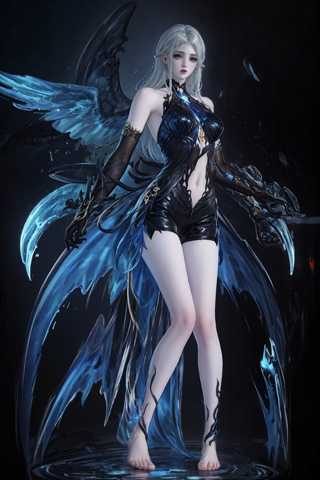 Bare shoulders,Blue and black dress,Black elbow gloves,barefooted,black shorts,Black gloves,navel,wings,barefoot,<lora:future005-夜魅幽莹:0.8>,avenue,, best quality,masterpiece,highres,official art,extremely detailed cg unity 8k wallpaper,