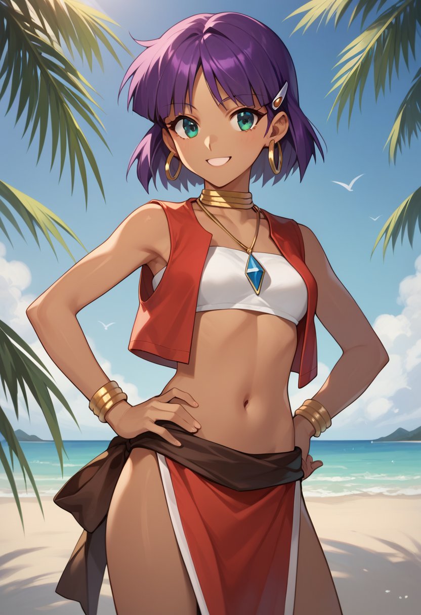 1girl,solo, nadia la arwall,purple hair,  dark-skinned female,red  loincloth,jewelry,bandeau,purple hair,hairclip,red  vest,necklace,standing,contrapposto, hand on own hip,light smile ,shore,palm tree,  <lora:nadiaLoCon-step00000500:0.9>, source_anime, score_9, score_8_up, score_7_up, highly detailed, clear line