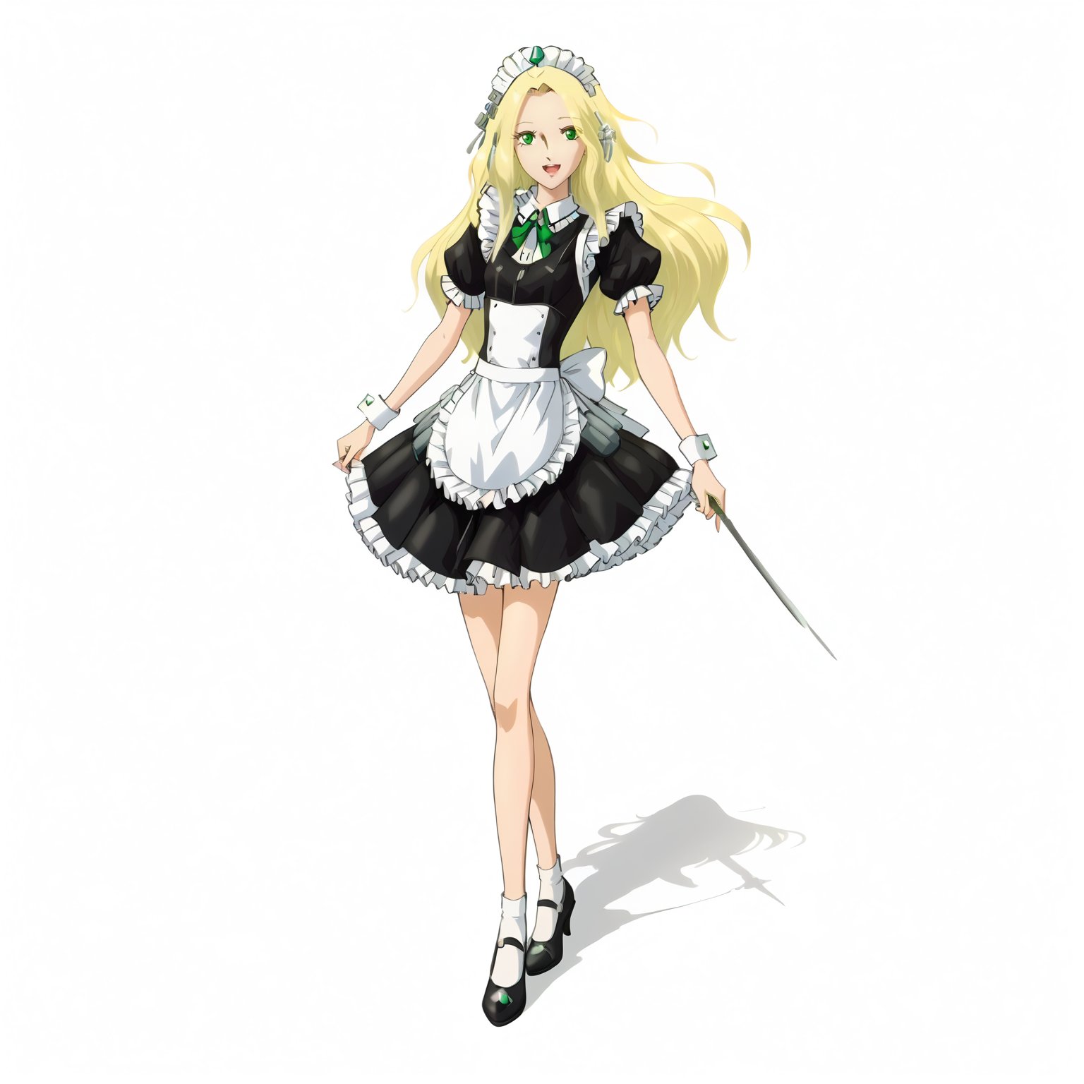 <lora:FatimaPasitheaXLpony002>,smile,open mouth,solo,FatimaPasithea,1girl,blonde hair,long hair,green eyes,full body,standing,maid,