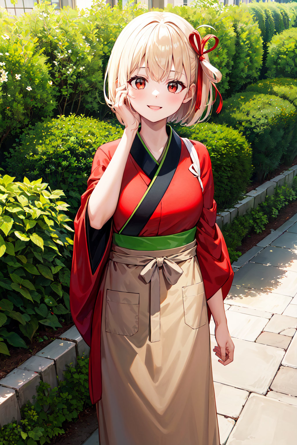 masterpiece, best quality, highres, aachisato, short hair, hair ribbon, japanese clothes, (red kimono:1.2), sash, (brown apron:1.2), <lora:nishikigi_chisato_v1:0.7>, from above, standing, hand on own face, garden, smile