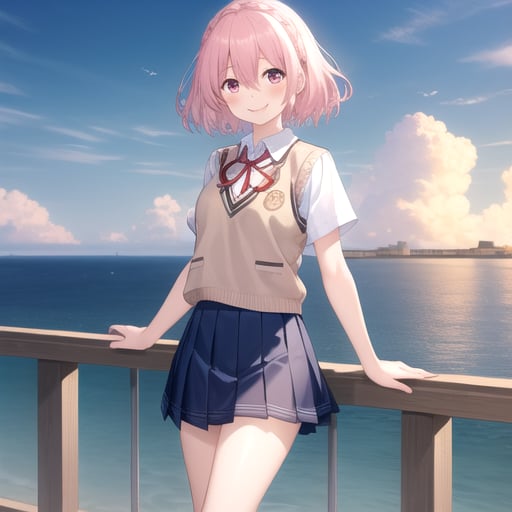 ((masterpiece)),(best quality),official art,extremely detailed CG,unity 8k wallpaper,ultra detailed,A lighthouse on a cliff by the sea,1girl,solo,cowboy shot,looking at viewer,sonogami rinne,white shirt,medium hair,school uniform,beige vest,blue skirt,blush,collared shirt,braid,hair between eyes,pink hair,pink eyes,red ribbon,pleated skirt,smile,white socks,loafers,<lora:Sonogami Rinne(dal)>,