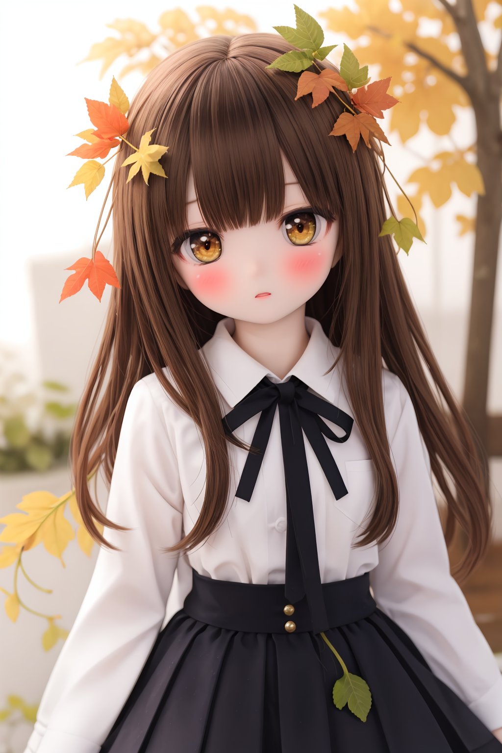 1girl,solo,holding leaf,long hair,ginkgo leaf,brown eyes,skirt,looking at viewer,holding,ribbon,hair ribbon,long sleeves,shirt,blurry,leaf,blurry background,bangs,off shoulder,brown skirt,black ribbon,brown hair,blush,depth of field,white shirt,hand up,autumn leaves,black shirt,