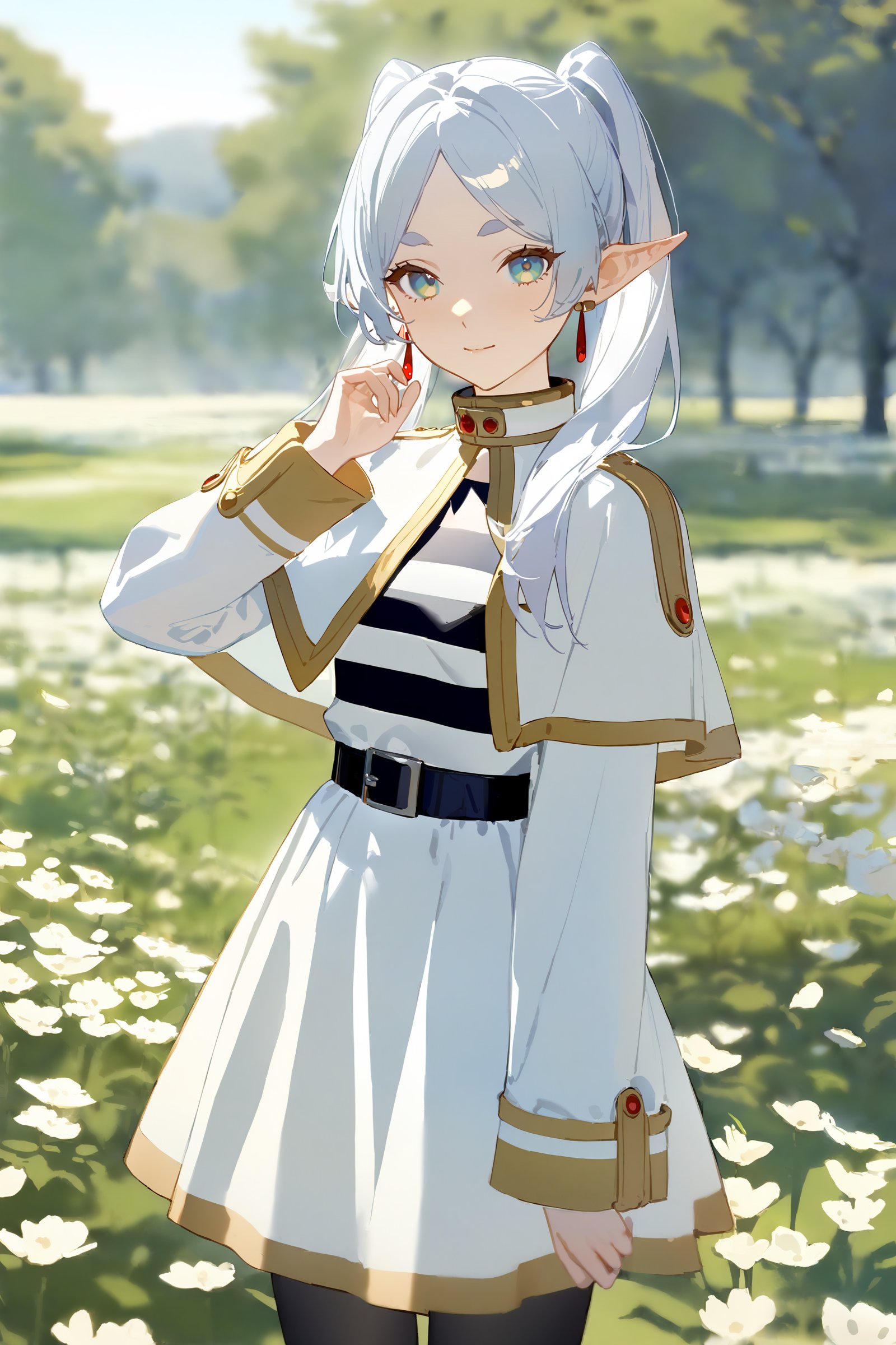 masterpiece, best quality, very aesthetic, ray tracing, newest, (hitenkei, askzy:0.4),1girl, frieren, solo, twintails, earrings, black pantyhose, black belt, capelet, white skirt set, striped shirt, white jacket, cowboy shot, standing, looking at viewer, light smile, flower field, scenery, outdoors, depth of field <lora:quality1:0:hr=2>,  <lora:Char-Frieren-XL-V1:0.9>