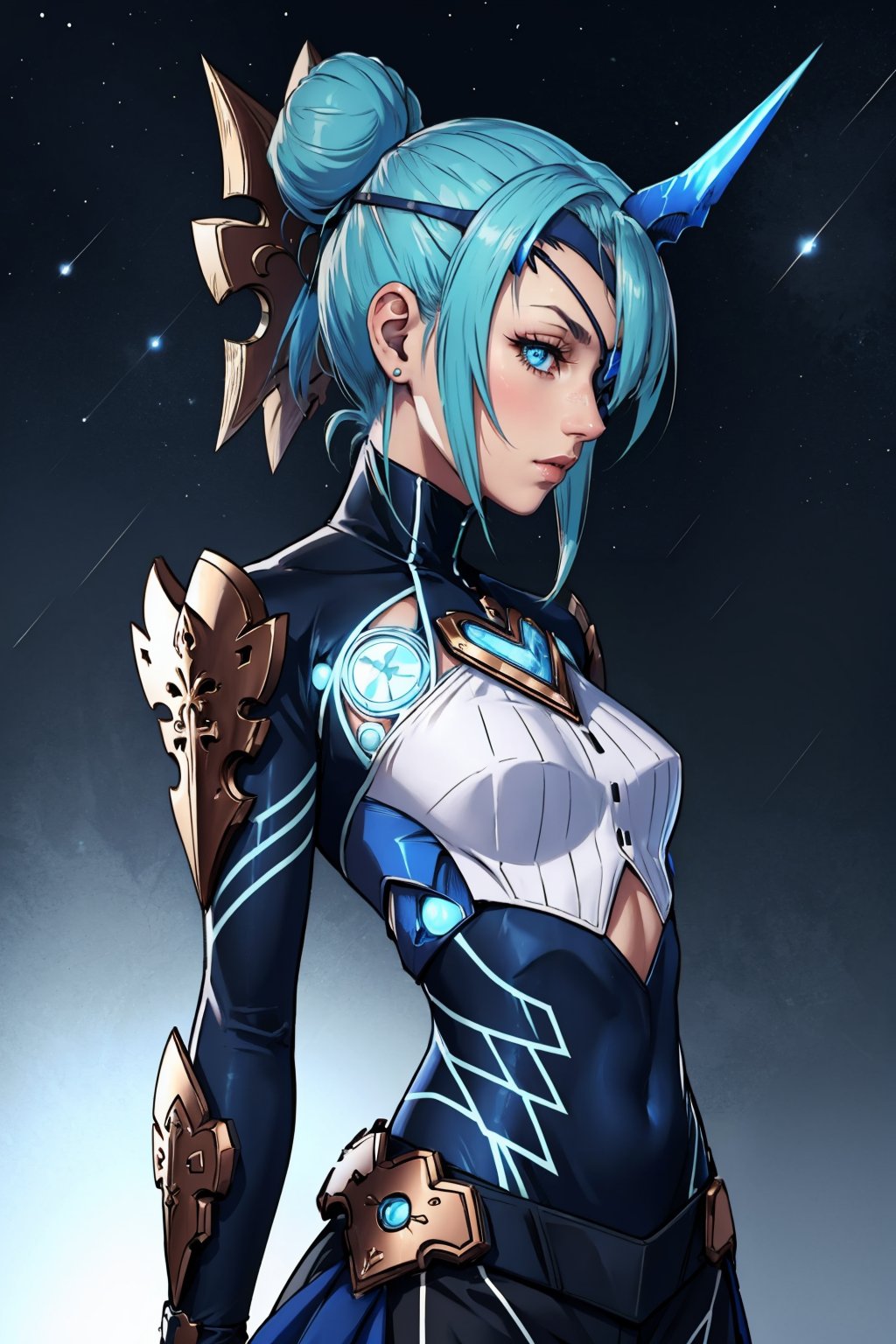 masterpiece, best quality, 1girl,  <lora:xctheory-nvwls-v1-000009:0.9> xcTheory, single hair bun, horns, hair ornament, eyepatch, bodysuit, armor, black pants, profile, looking at viewer, glowing eyes, night sky