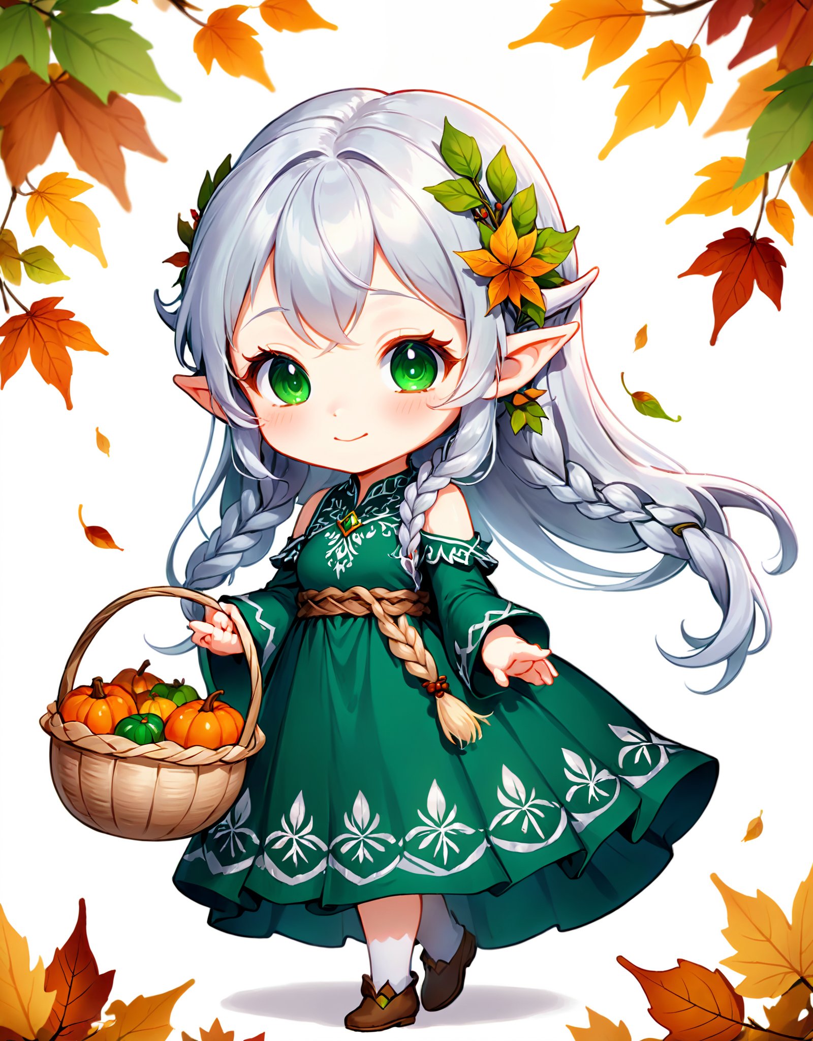 highres,best quality,detailed background,A chibi elf girl, around 50 years old, with long silver hair in a braid wearing a flowy emerald green dress adorned with delicate leaf patterns. She is happily carrying a basket of colorful autumn leaves, her pointed ears peeking out under her braided hair.