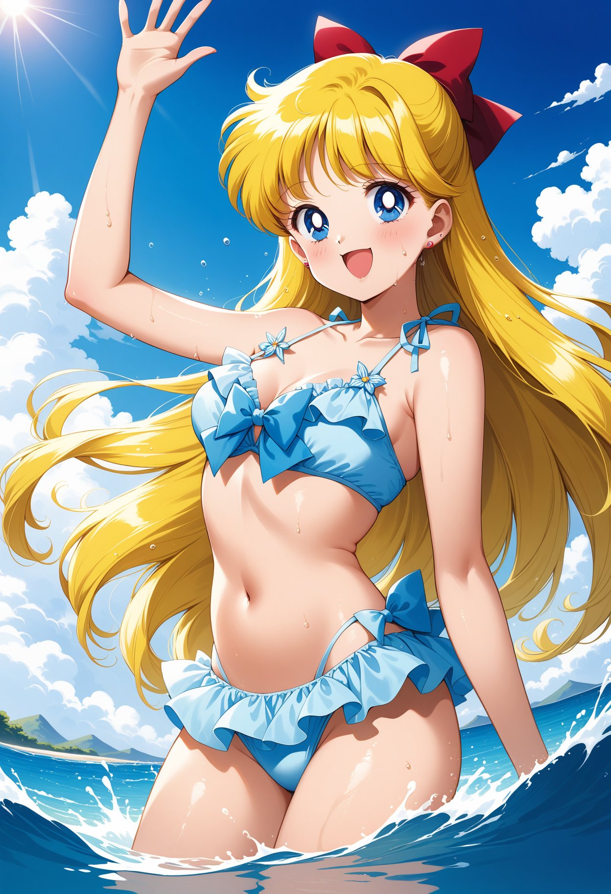 (masterpiece, best quality, very aesthetic, ultra detailed), intricate details, 4k, aavenus, long hair, blonde hair, hair bow, earrings, blue eyes, <lora:sailor_venus_animaginexl_v2:0.9>, frilled bikini, ocean, splashing, wet, partially submerged, water, smile, open mouth, waving, cowboy shot, splashing, 