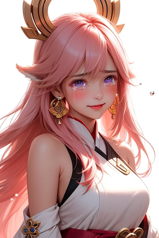 ba shen zi,1girl,solo,pink hair,purple eyes,long hair,blush,(tears:1.5),animal ears,bare shoulders,hair between eyes,white background,simple background,upper body,fox ears,breasts,bangs,jewelry,closed mouth,earrings,crying,japanese clothes,hair ornament,cheerful demeanor,(radiant smile:0.5),bright personality,warm-hearted nature,optimistic outlook,vibrant energy,sun-kissed complexion,joyful laughter,free-spirited,carefree attitude,uplifting presence,playful spirit,(positive vibes:1.2),lively enthusiasm,beaming with happiness,(natural beauty:1.3),infectious laughter,<lora:aki-000002:0.5>,