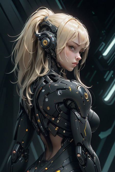 a_photo_of a woman, looking at viewer, (3/4 view:1.5), (upper body:1.5), detailed face, futuristic, high-tech carbon fiber and ceramic armor, high-tech helmet, cybernetics, golden hair, <lora:Cyberpunk01:50.0>, breath taking futuristic hardware background, (seductive pose:1.5), (light smile:0.3)