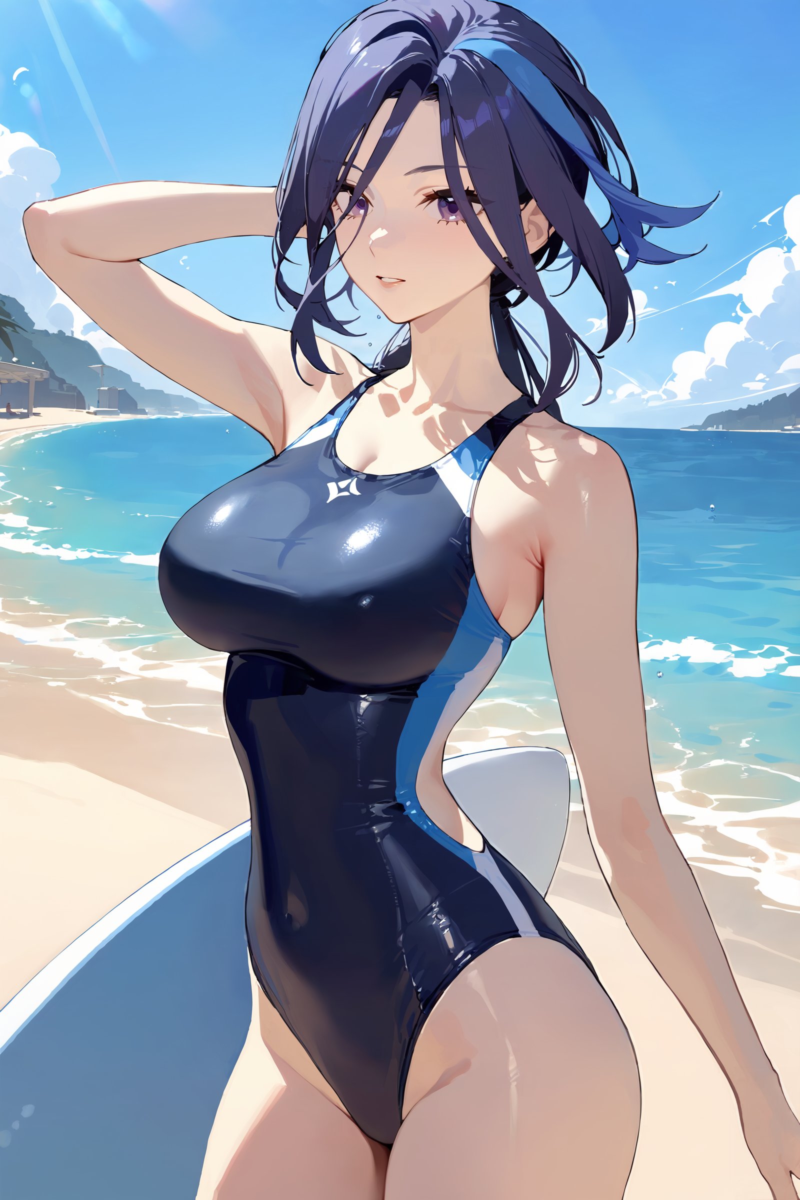 masterpiece, best quality, perfect features, intricate details, ray tracing, newest,(hitenkei, askzy:0.4), 1girl, clorinde \(genshin impact\), (one-piece swimsuit, competition swimsuit), beach, ocean, cowboy shot, blue sky, looking at viewer, parted lips, surfboard, depth of field <lora:quality1:0:hr=1>,  <lora:Char-Genshin-Clorinde-XL-V1:0.9>