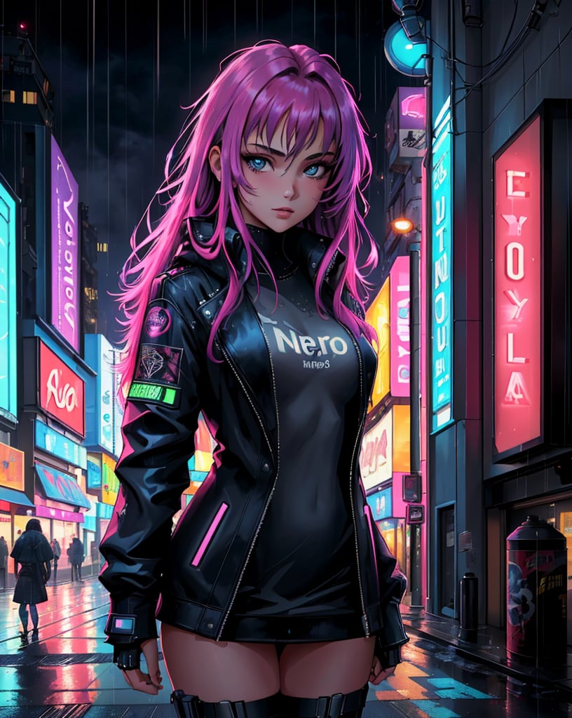 masterpiece, best quality, portrait of a 18yo woman ,  (neon lights rain streets cyberpunk cityscape:1.1) ,  color photo, cinematic, cinematic lighting, eccentric inventory, anime, gorgeous 18-year-old woman, perfect eyes, graceful, landscape shot,  upper body, looking at viewer, standing, happy, enthusiastic