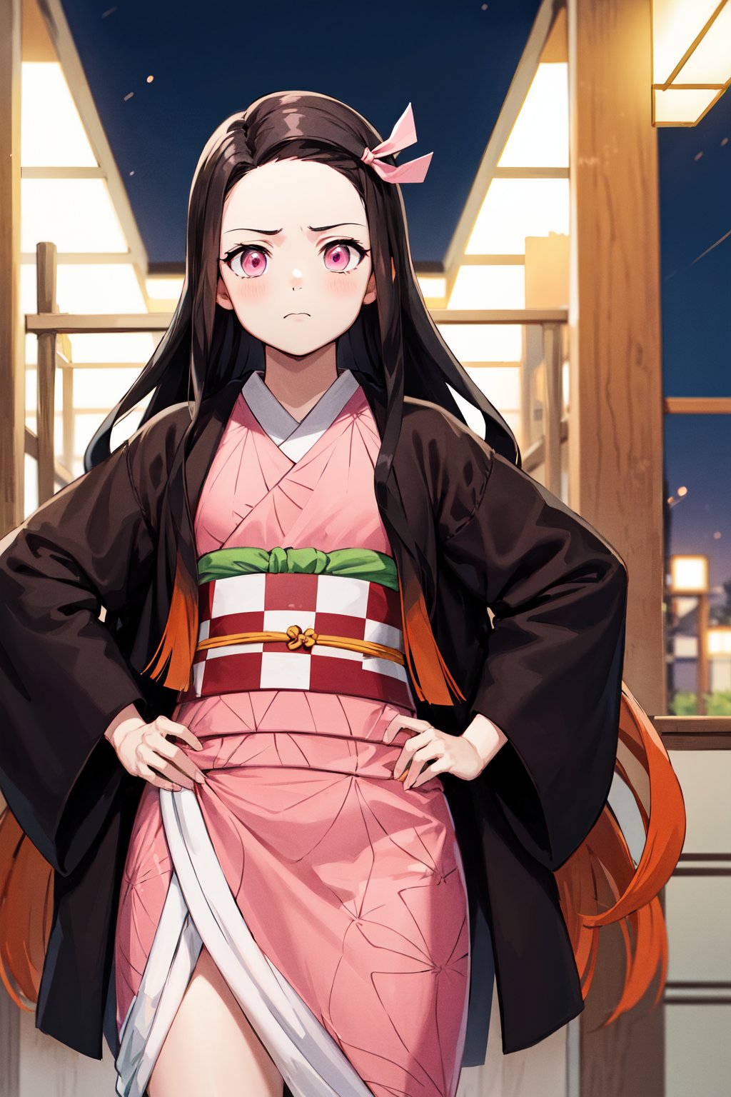 masterpiece, best quality, highres, aanezuko, long hair, multicolored hair, hair ribbon, japanese clothes, pink kimono, haori, black jacket, long sleeves, checkered sash, obi, <lora:kamado_nezuko_v1:0.7>, hands on hips, frown, standing, cowboy shot, night