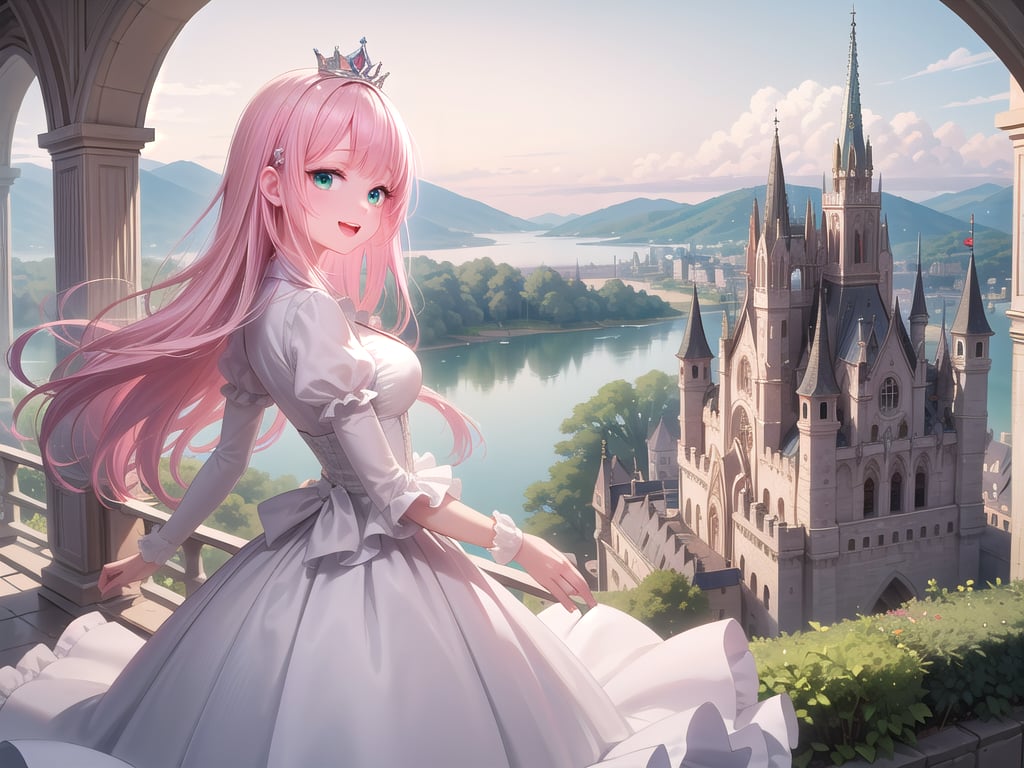 insanely detailed, absurdres, ultra-highres, ultra-detailed, best quality,1girl, solo, nice hands, perfect hands,BREAK,(wearing princess dress), teara,happy smile, laugh, open mouth,standing,from side, cowboy shot, looking at viewer,BREAK,slender, kawaii, perfect symmetrical face, ultra cute girl, ultra cute face, ultra detailed eyes, ultra detailed hair, ultra cute, ultra beautiful,BREAK,fantasy world, (castle in background, lake:1.3), (very wide, panorama view, sense of depth, magnificent view:1.3)BREAK,princess girl, pink hair, green eyes, medium breasts