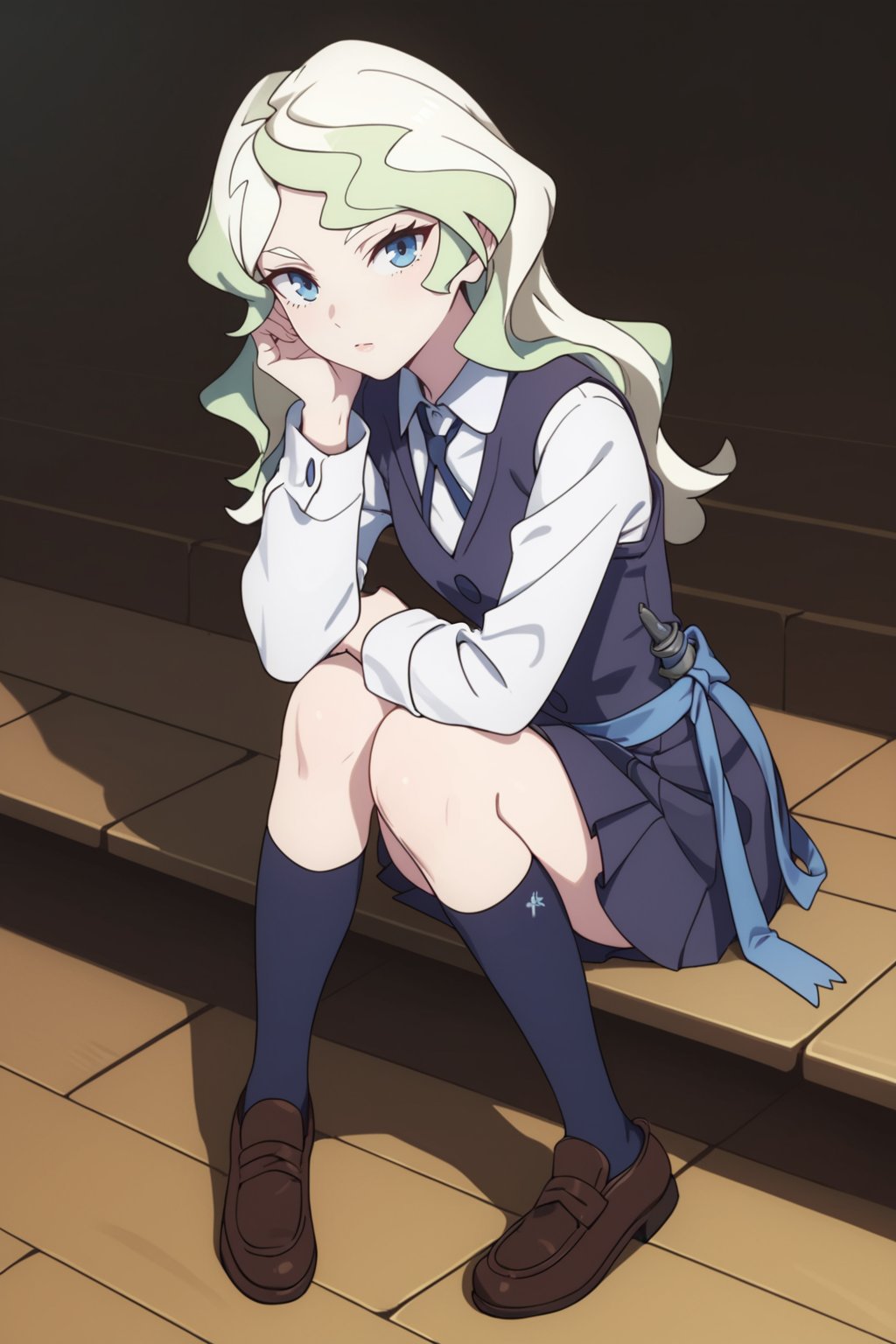 score_9, score_8_up, score_7_up, score_6_up, score_5_up, score_4_up, BREAK, <lora:Diana_Cavendish-000006:.8>, 1girl, Diana, multicolored hair, blue eyes, school uniform, brown footwear, socks, sitting, knees to chest, looking at viewer