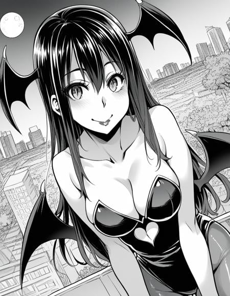 score_9, score_8_up, score_7_up, source_anime, sakiyoshida, <lora:saki-yoshida-manga-ponyxl-lora-nochekaiser:1>, saki yoshida, long hair, hair between eyes, monochrome, greyscale, black hair,, <lora:morrigan-aensland-cosplay-ponyxl-lora-nochekaiser:1>, morriganaenslandcosplay,head wings, lipstick, makeup, animal print, bat print, bat wings, black leotard, cleavage, clothing cutout, demon girl, fur trim, fur-trimmed leotard, heart cutout, leotard, low wings, pantyhose, print pantyhose, purple pantyhose, wings, bare shoulders, collarbone,, outdoors, cityscape, night, moon, bent over, smile, blush,, cowboy shot, dutch angle,