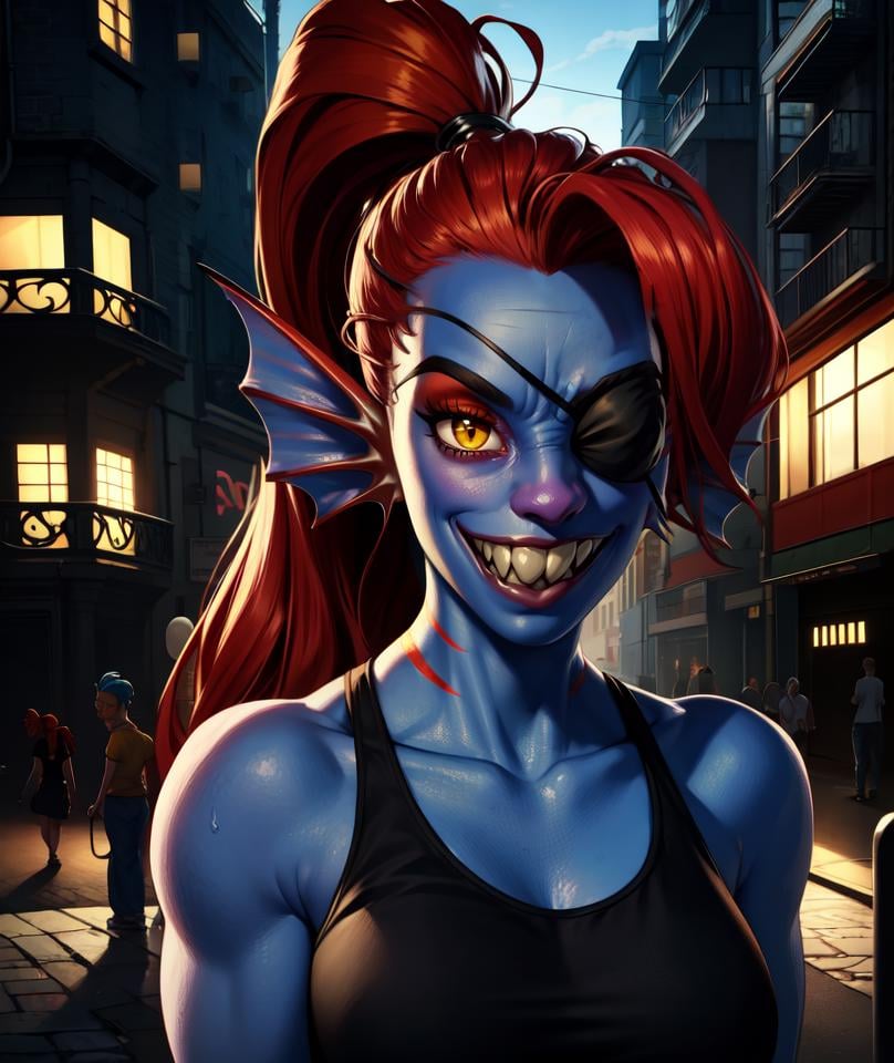 undyne,blue skin,sharp teeth,ponytail,eyepatch,makeup,gills,yellow eyes,ed hair,black shirt,collarbone,toned,smile,bare shoulders,standing,streets,park,(insanely detailed, beautiful detailed face, masterpiece, best quality)solo,<lora:Undyne:0.8>,