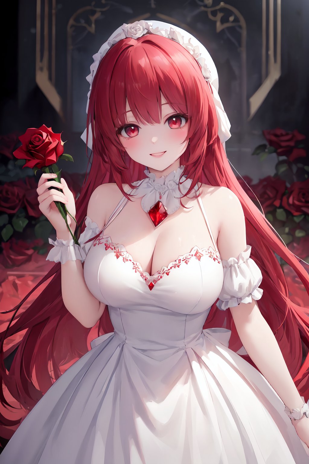 (masterpiece),best quality,ultra detailed),amazing,girl,((red crystal rose, dress, dreamy smile, cinematic light, in full growth)),