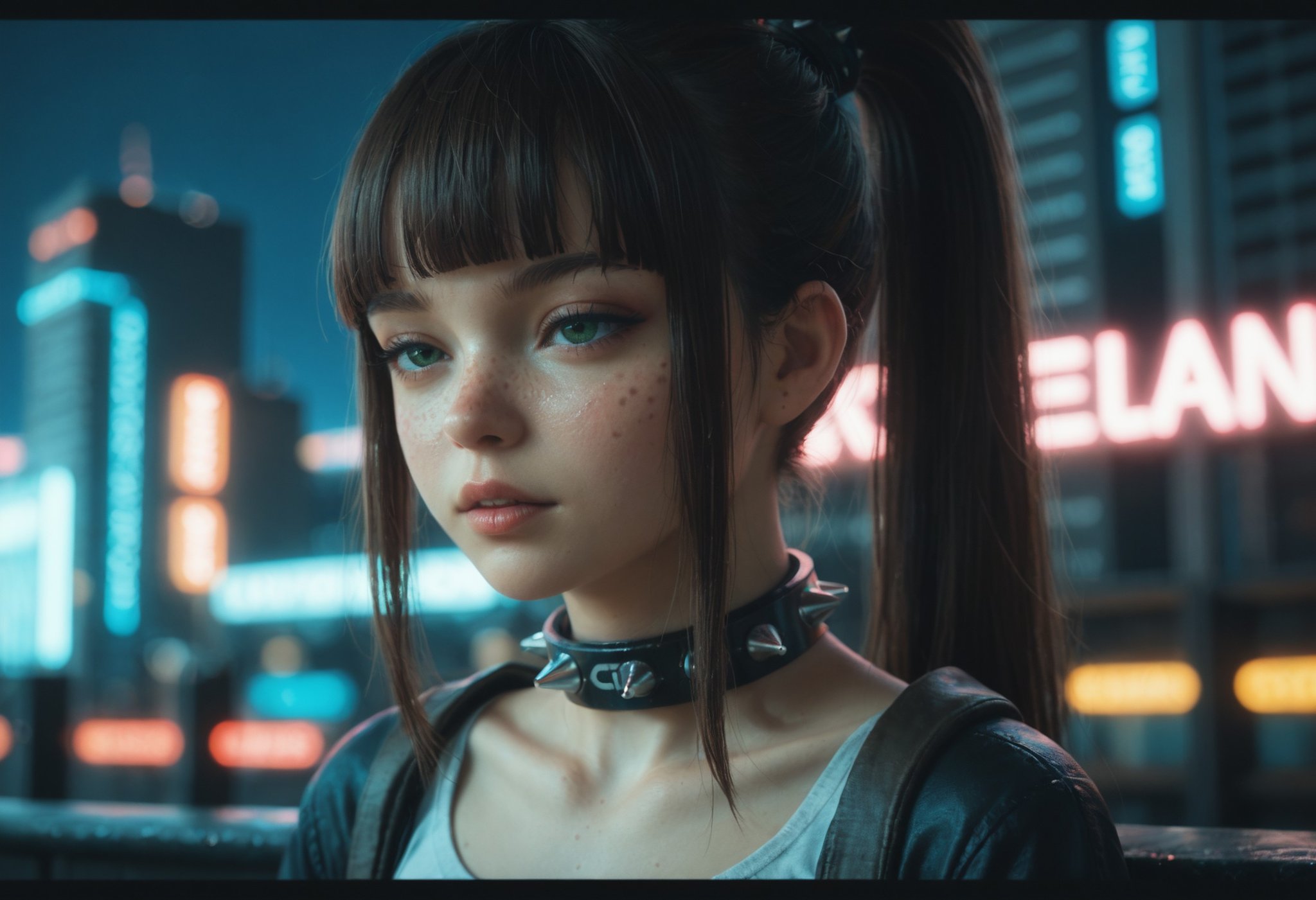 score_9, score_8_up, score_7_up,1girl, tan, blunt bangs, freckles, green eyes, brown hair, half-closed eyes, detailed eyes, upper body, long hair, ponytail, sidelocks, punk, spiked collar, tattoo, lipgloss, parted lips, teenage, letterboxed, cinematic, cyberpunk, night, neon lights, detailed background, cityscape,