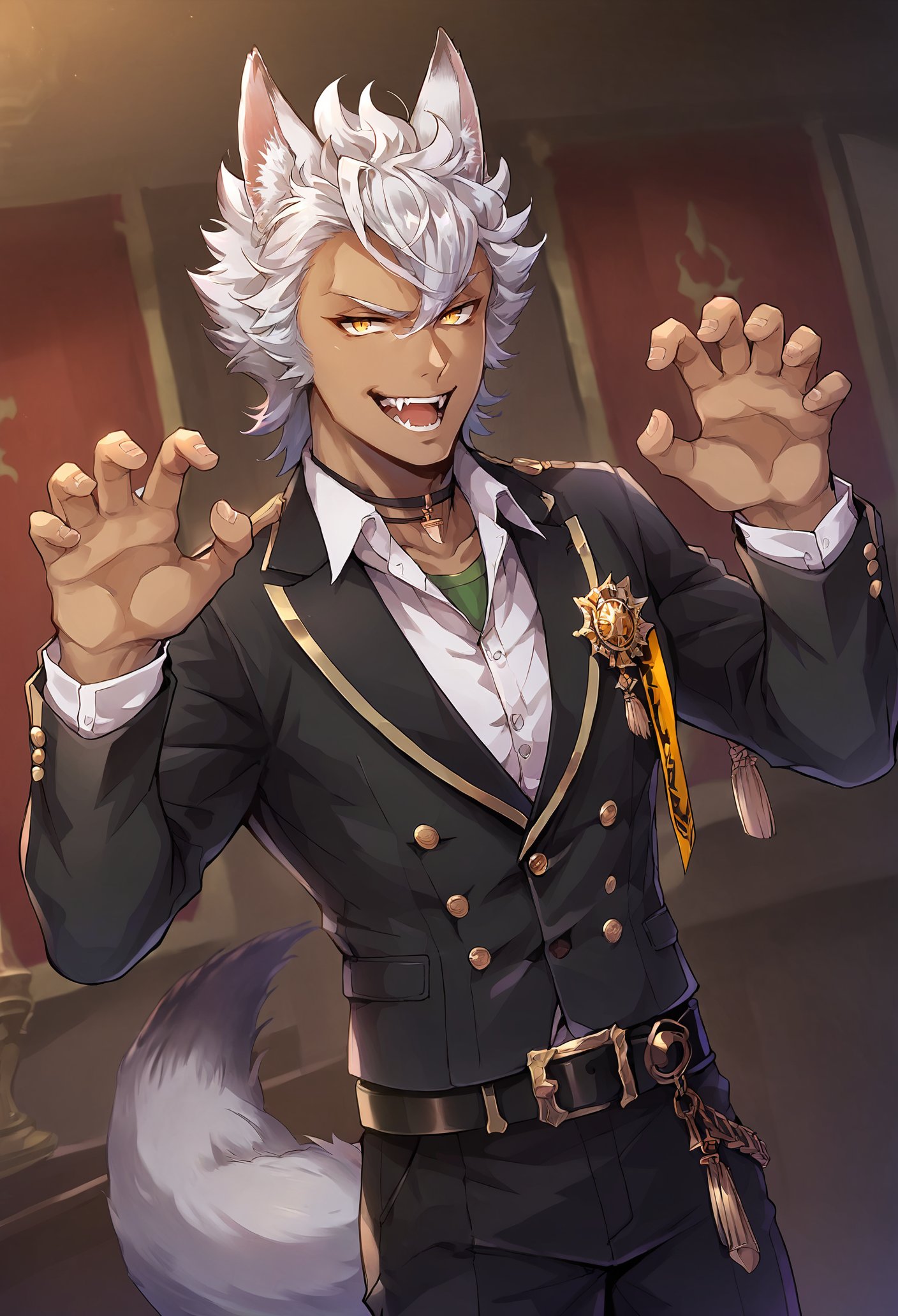 score_9, score_8_up, score_7_up,(((j4ckreg))), animal ears, wolf ears, wolf tail, white hair, yellow eyes, 1boy, male focus, animal ears, dark-skinned male, solo, dark skin, fangs,black belt,smirk, amused, naughty, open mouth, dutch angle,hands up, claw pose, looking at viewer,<lora:Jack_Howl:0.9>