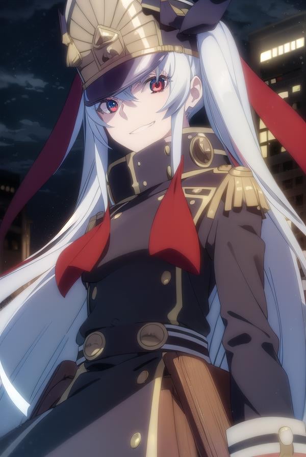 recreatorsaltair, <lora:recreators altair s1-lora-nochekaiser:1>, altair, long hair, (red eyes:1.3), very long hair, white hair, smile, grin,BREAK gloves, hat, uniform, military, military uniform, shako cap,BREAK outdoor, city, night, sky, buildings, moon, clouds,BREAK looking at viewer, (cowboy shot:1.5),BREAK <lyco:GoodHands-beta2:1>, (masterpiece:1.2), best quality, high resolution, unity 8k wallpaper, (illustration:0.8), (beautiful detailed eyes:1.6), extremely detailed face, perfect lighting, extremely detailed CG, (perfect hands, perfect anatomy),