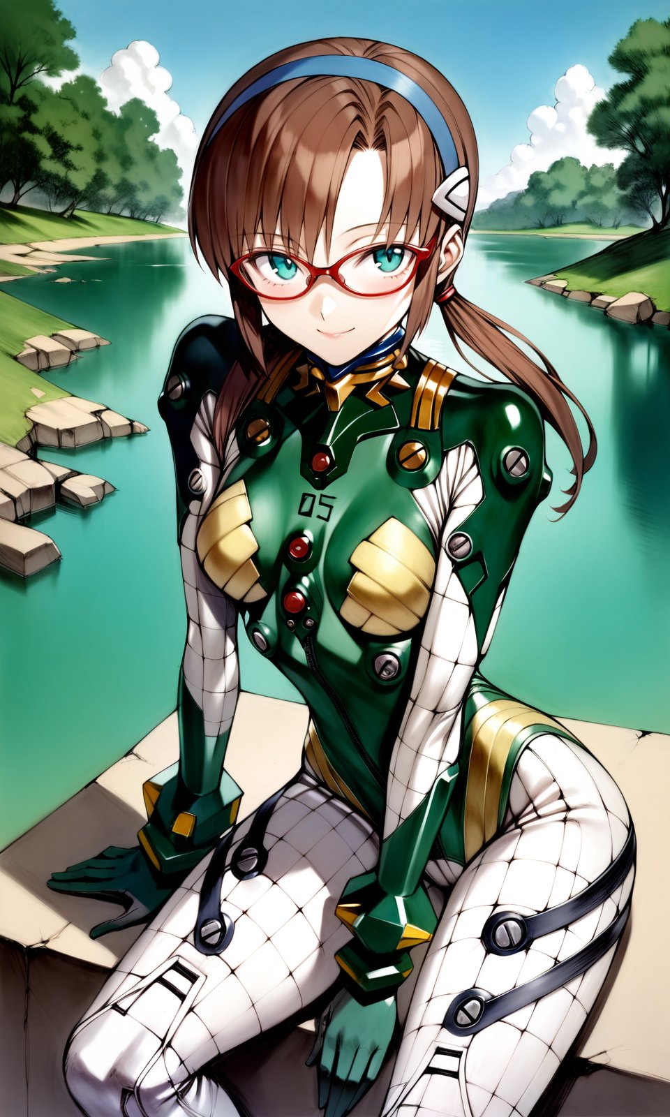 solo, 1girl, maritest, aqua eyes, hairband, brown hair, red-framed eyewear, plugsuit, bracer, quilted bodysuit 05,looking at viewer, light smile, outdoors, lake, masterpiece, absurdres, by nyatabe, by (mogudan:0.5), <lora:MariTestSuit_XL:1><lora:Nyatabe_XL:0.65> <lora:Fixhands_anime_bdsqlsz_V1:1> 