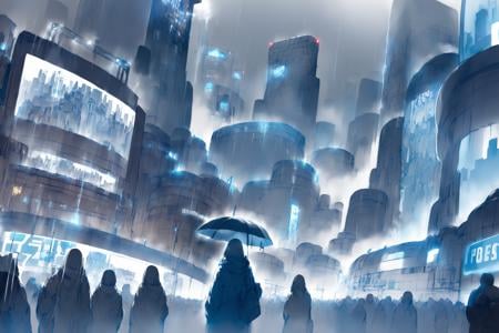 Scenery, a futuristic cityscape, night, billboards, neon lights, crowd, steam, blue theme, rain, hews