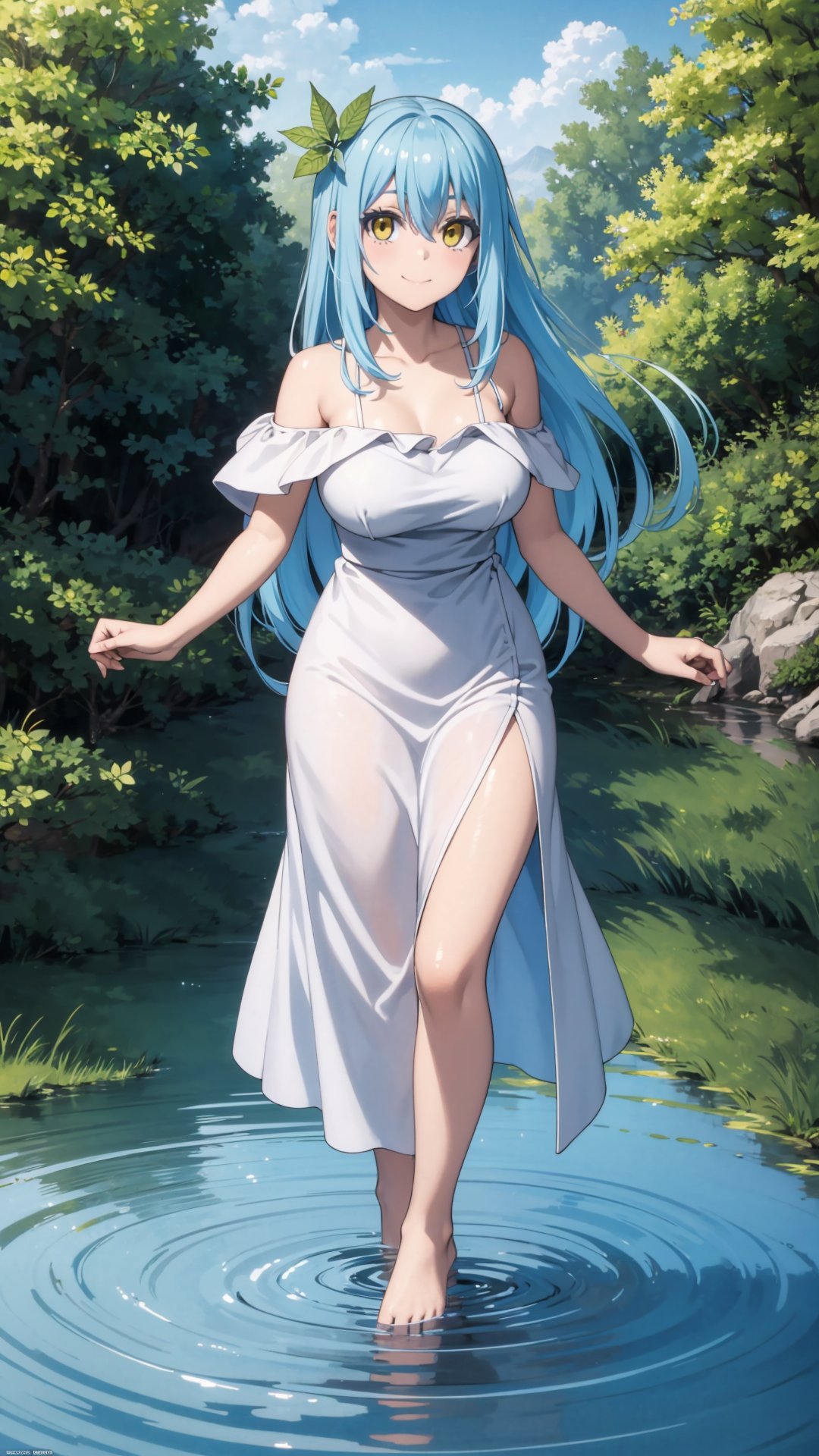 (masterpiece, best quality), ray tracing, absurdres, HDR,rimuru tempest, underground lake goddess, 1girl,yellow eyes,blue hair,large breasts , ,hair between eyes, long hair, solo, leaf hair ornament, dress, comic, , closed mouth, water,, ripples, smile, barefoot, off shoulder, bare arms ,looking at viewer, blush<lora:rimuru_lake_goddess:0.7>