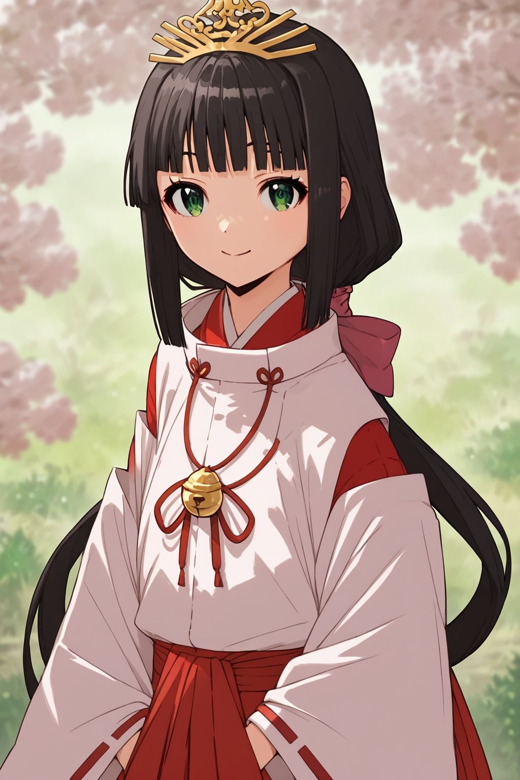 score_9, score_8_up, score_7_up, score_6_up, score_5_up, score_4_up, source_anime, shizuku_nige, black hair, green eyes, low ponytail, low-tied long hair,1girl, hair ribbon, solo, cowboy shot, miko, smile, looking at viewer, hakama, over long hair, skirt, ponytail, closed mouth, tiara, kanmuri, masterpiece, perfect face, best quality, beautiful girl, blurry background, cute girl, beautiful eyes, shiny eyes, perfect body, <lora:cqpfkp5e878c738ookog:1>