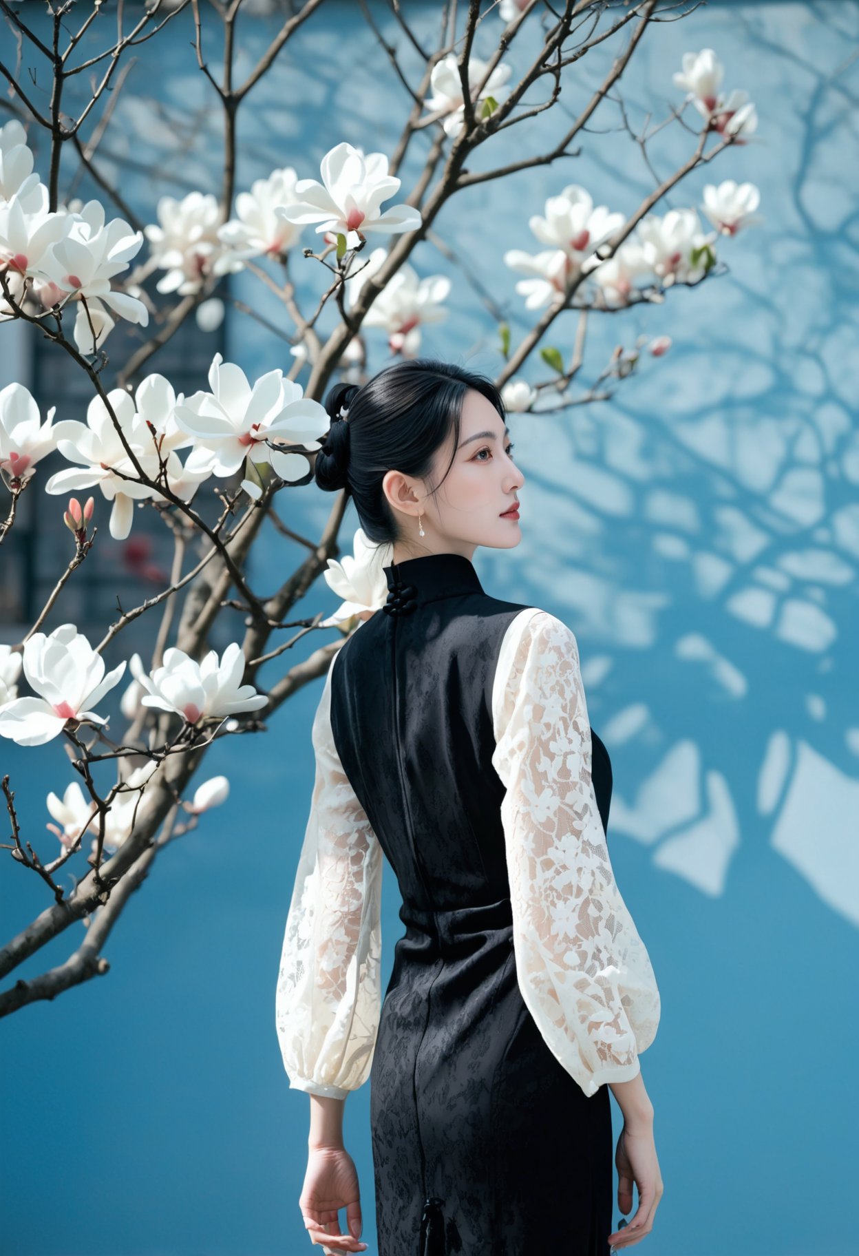 Photograph, elegant woman in a black qipao with white lace sleeves, side profile, serene expression, hair in a bun, soft natural light, blooming magnolia tree in the background, muted blue wall, calm and contemplative mood, traditional Chinese attire, delicate and graceful composition.