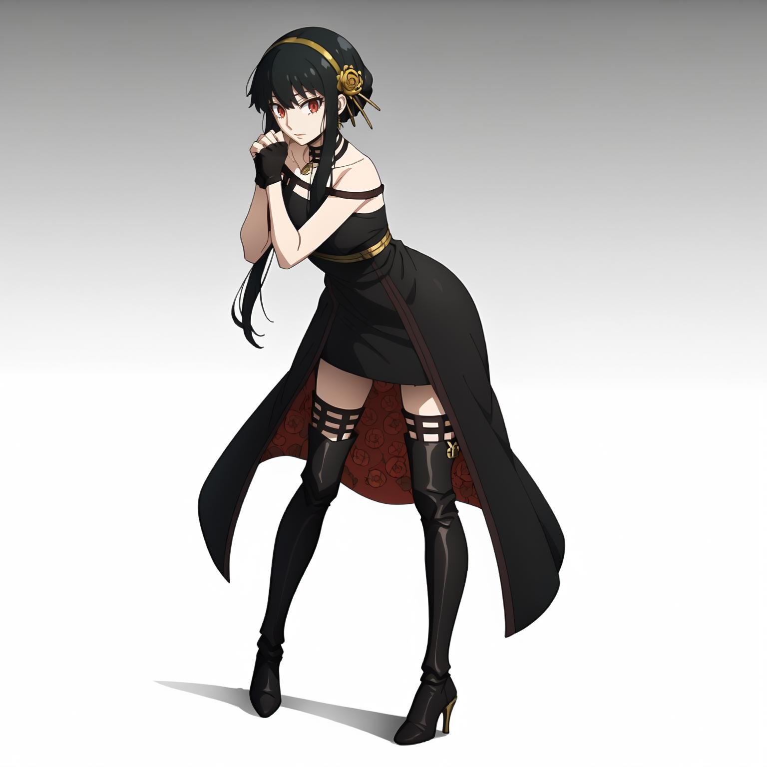 <lora:YorForgerXLpony004>,solo,YorForger,1girl,black hair,red eyes,short hair with long locks,gold hairband,hair flower,black choker,black dress,sleeveless,off shoulder,floral_print,fingerless gloves,black footwear,thigh high heel boots,full body,standing,leaning_forward,