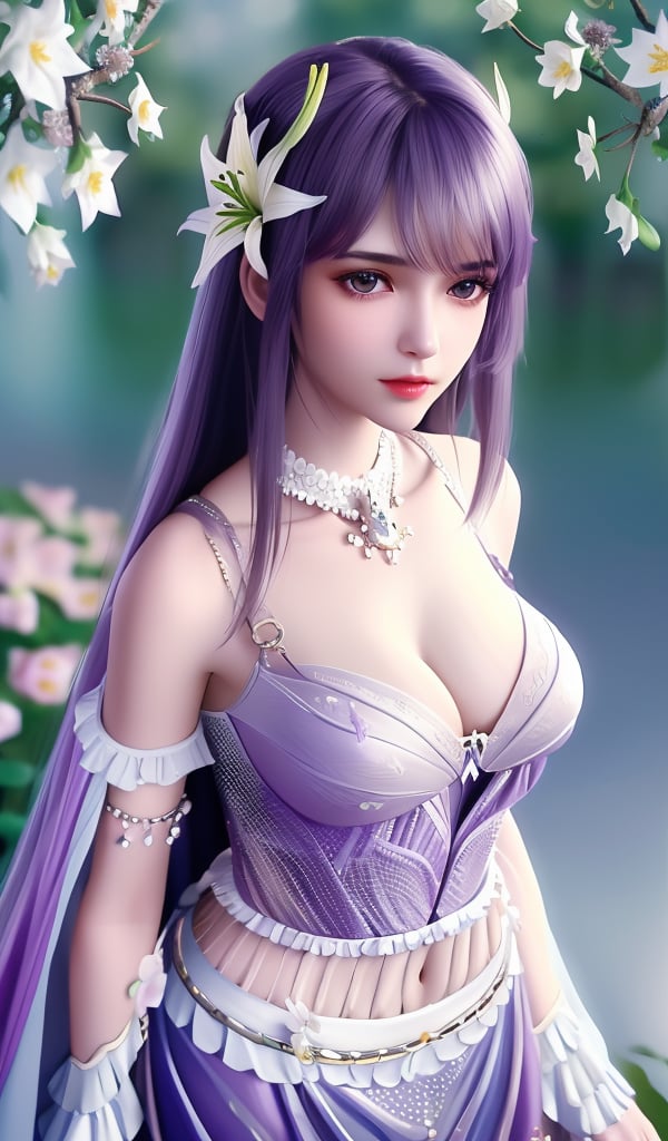 <lora:644-DA-神印王座-圣采儿-TYPE1:0.8>(,1girl, ,best quality, ),looking at viewer,  ,ultra detailed 8k cg,ultra detailed background,ultra realistic 8k cg,1girl, solo,(bare shoulders:0.85),(masterpiece, best quality),((oil painting style)),sexy young lady,(beautiful face and eyes),(upper body:1.5),(whole body:1.05),(single person:1.2),surrounded by flowers, (lily), roses, floret, vegetation, white, purple, purplish pink,Impressionism,colorful,(Breast size:1.3),(cleavage),