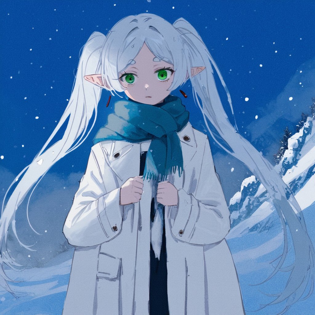 Digital art, masterpiece A detailed and cinematic wallpaper, a girl Frieren standing in snow with blue scarf and white coat, silver hair, greeneyes, twintails<lora:frieren_xl_2-000012:1>