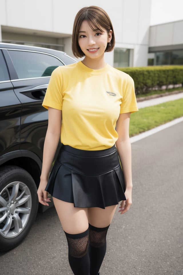 1girl,solo,skirt,brown hair,smile,socks,kneehighs,height chart,short hair,black footwear,yellow shirt,best quality,masterpiece,illustration,Amazing,finely detail,masterpiece,official art,incredibly absurdres,huge filesize,ultra-detailed,highres,extremely detailed,realistic,blurry background,,<lora:Takamoto Ayaka_20240512133812:0.8>