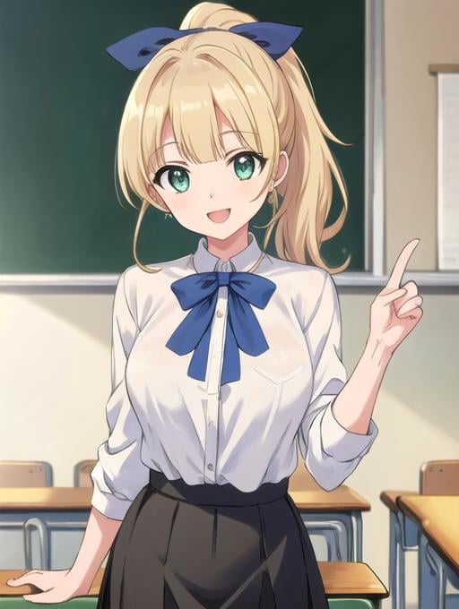 best quality, masterpiece, highres, detailed, perfect anatomy,  <lora:Detail - add_detail:0.2>, <lora:TeresaW:0.8>, TeresaW, ponytail, happy, blonde hair, white blouse, black skirt, blue ribbon, classroom, green eyes, 