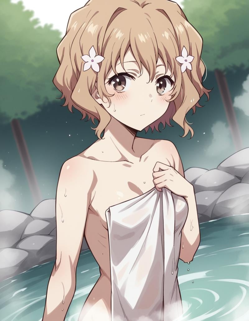 score_9, score_8_up, score_7_up, source_anime,ohanamatsumae, <lora:ohana-matsumae-s1-ponyxl-lora-nochekaiser:1>,ohana matsumae, short hair, brown hair, hair ornament, brown eyes, flower, hair flower,nude, naked, small breasts,outdoors, onsen, towel, naked towel, steam, bathing, nude cover, partially submerged, water, bath, steam censor, wet towel, blush,looking at viewer, cowboy shot, solo, dutch angle,