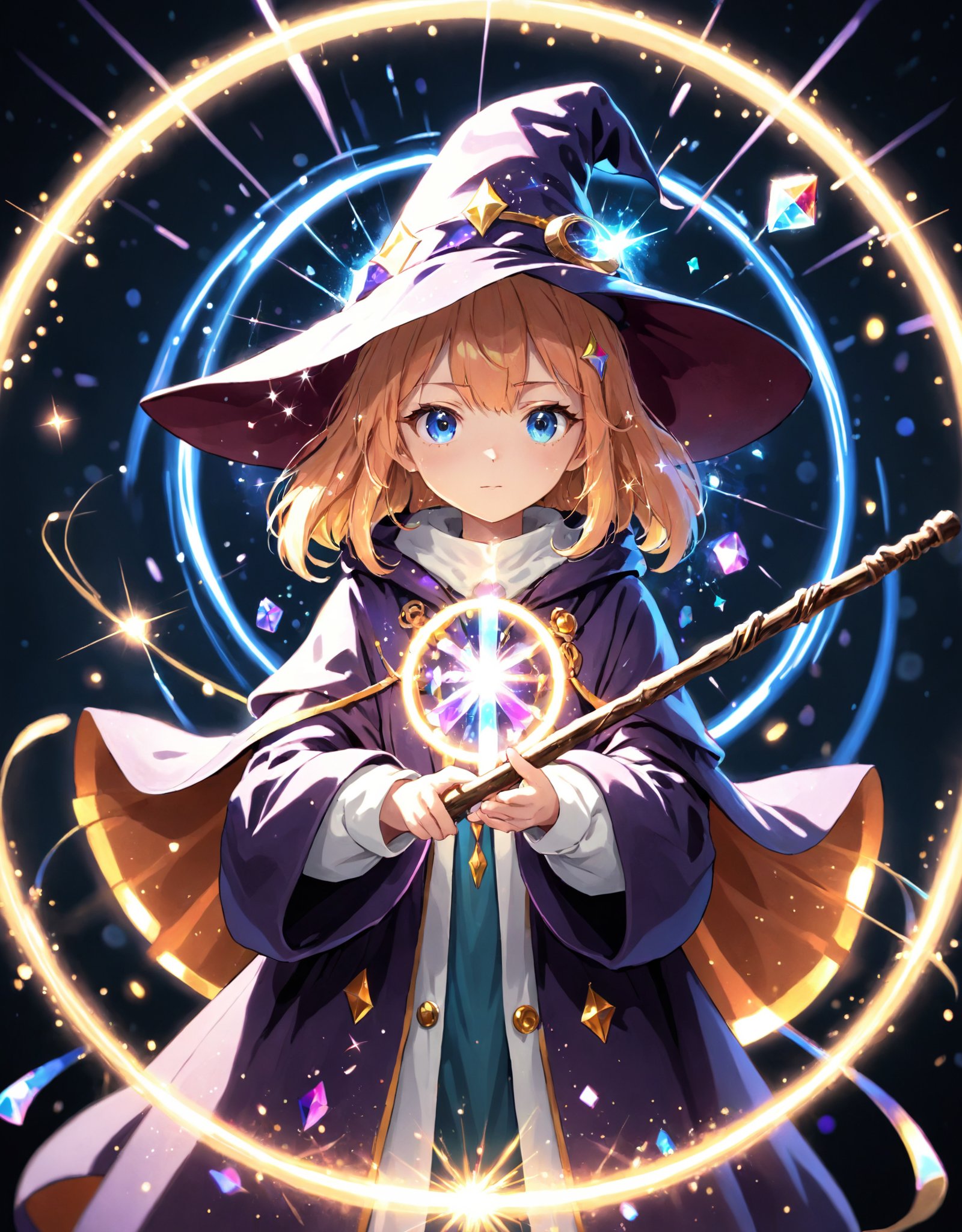 highres,best quality, anime, 1girl, solo, wizard hat, robe, holding staff, on magic circle, sparkles, light particles, crystal, prism, glowing light