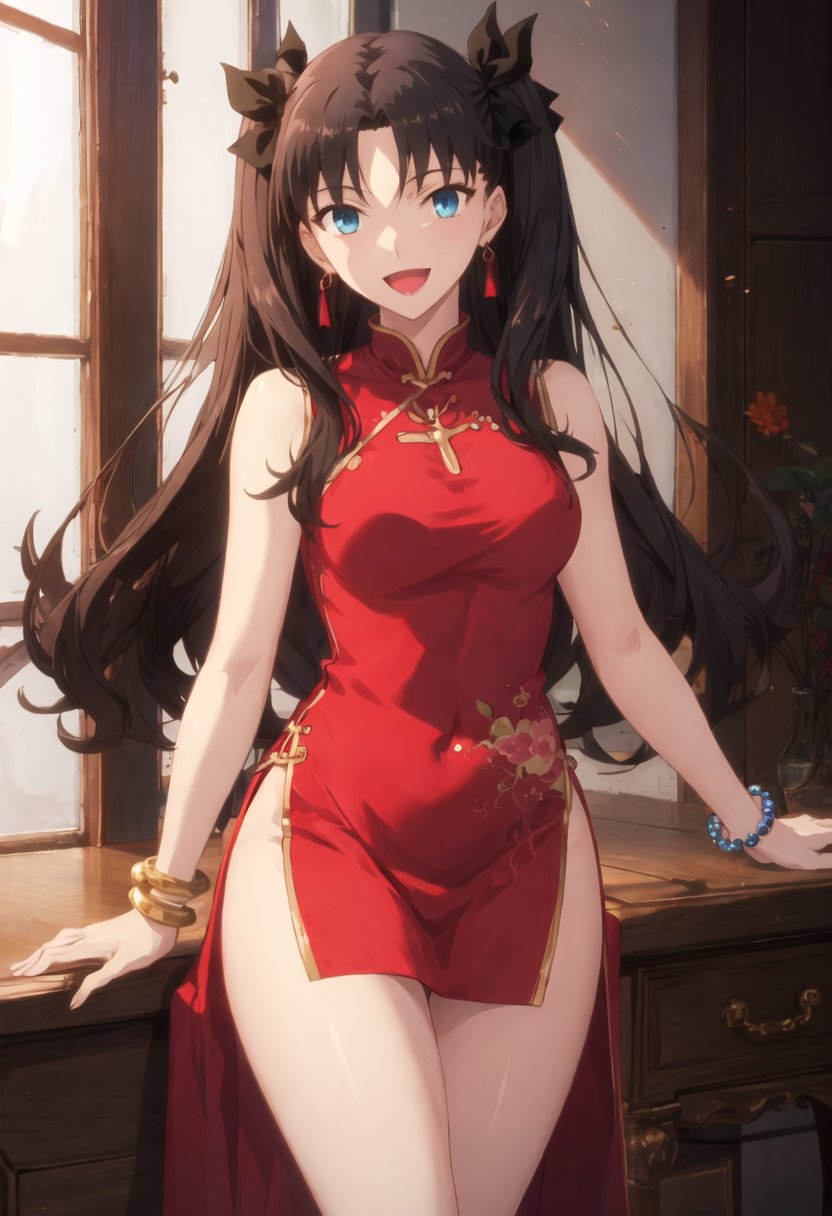 best quality, masterpiece, highres, solo, (tohsaka_rin_fatestaynightufotable:0.90), bare_shoulders, bead_bracelet, beads, china_dress, chinese_clothes, dress, jewelry, looking_at_viewer, sleeveless, sleeveless_dress, bracelet, smile, medium_breasts, thighs, cowboy_shot, :d, open_mouth