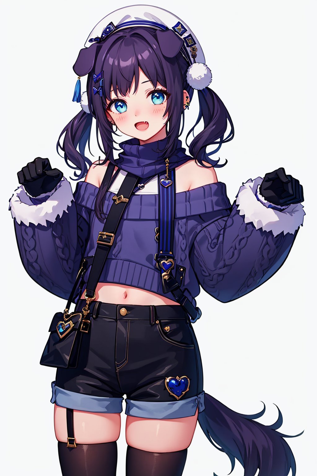 masterpiece,best quality, highly detailed, 1girl,aiba uiha,beret,dog tail,looking at viewer,solo,virtual youtuber,white headwear,dog girl,long sleeves,open mouth,simple background,twintails,white background,d,bare shoulders,blush,ear piercing,heart,pom pom \(clothes\),thigh strap,black shorts,black thighhighs,blue nails,blue sweater,cowboy shot,fang,fur-trimmed sleeves,hands up,off shoulder,off-shoulder sweater,paw gloves,sleeves past wrists,<lora:aiba_uiha:1>