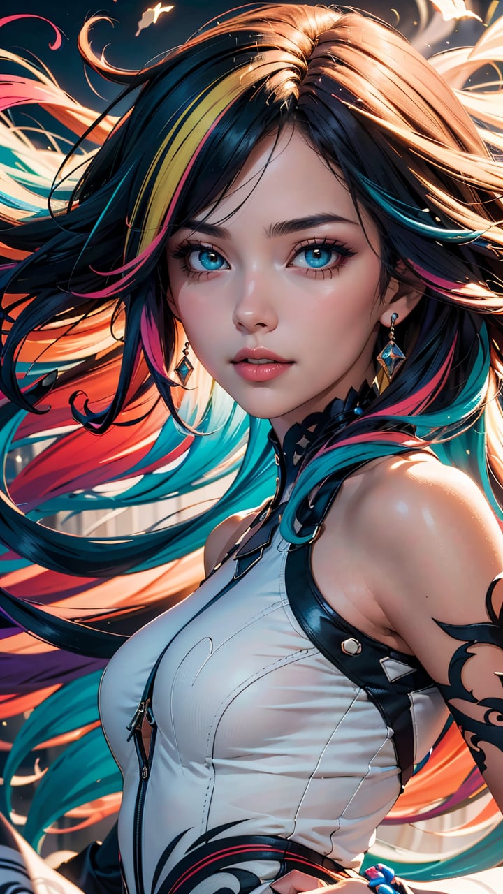 (best quality, masterpiece, colorful, dynamic angle, highest detailed), 1girl, really wild hair, multicolored hairlighting, portrait, (from front:0.6), fashion photography, in dynamic pose, light passing through hair, perfect day, (official art)