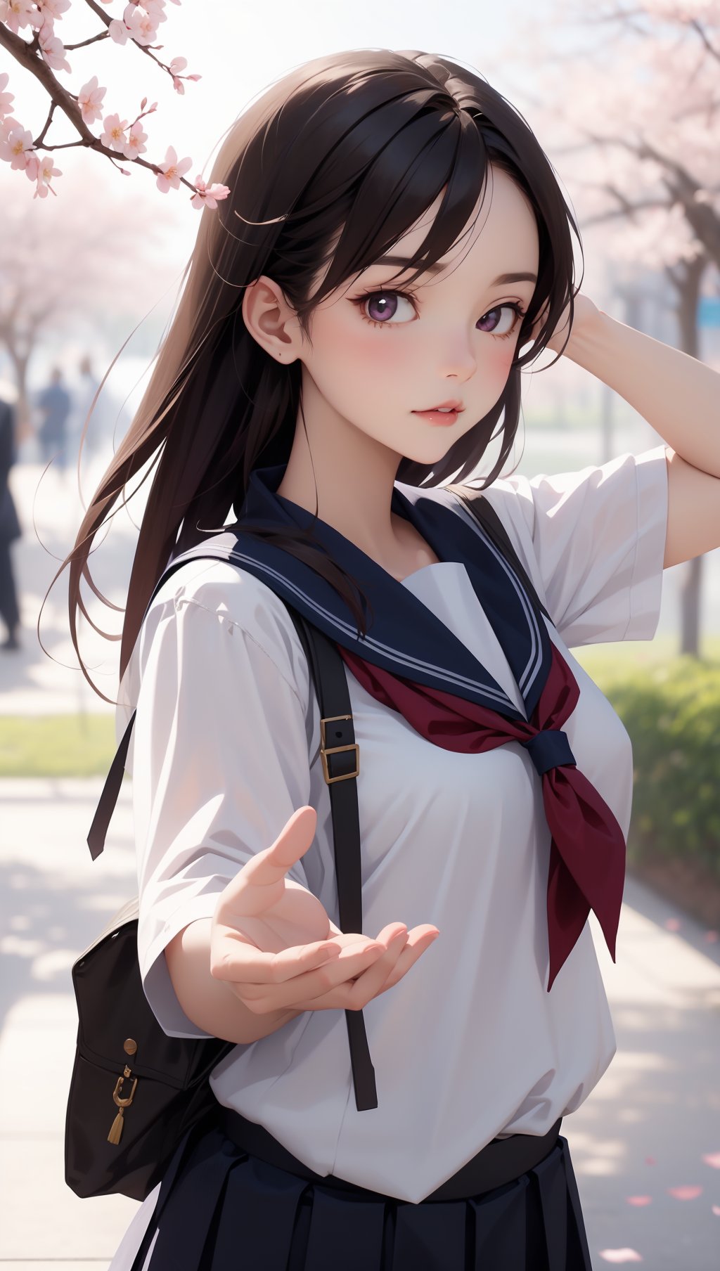 cherry_blossoms, falling_petals, solo,1girl,upper body, looking at viewer, school uniform,