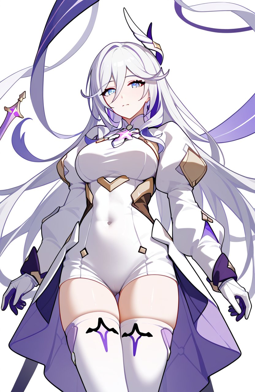 <lora:羽兔pony:1>,hare \(honkai impact\),a girl named hare \(honkai impact\),1girl,solo,looking at viewer,white gloves,white thighhighs,puffy sleeves,long sleeves,gloves,thighhighs,covered navel,, (score_9,score_8_up,score_7_up),(masterpiece,best quality,high quality:1.2),absurdres, prefect lighting, very aesthetic, anime BREAK