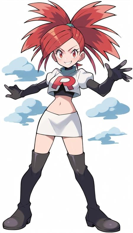 score_9, score_8_up, score_7_up, score_6_up, rating_questionable, source_anime, <lora:Pokemon_Gen_4_5_and_6_style_for_Pony_Diffusion:1>BREAKflannery, red hair, ponytail, red eyes, [long eyelashes], (smug smile), 1girl, solo, full body, breasts, reaching towards viewer, <lora:TeamRocketUniform-pony:1> team rocket uniform, white jacket, white skirt, black thigh boots, black elbow gloves, midriff, red "R"BREAKsky, clouds