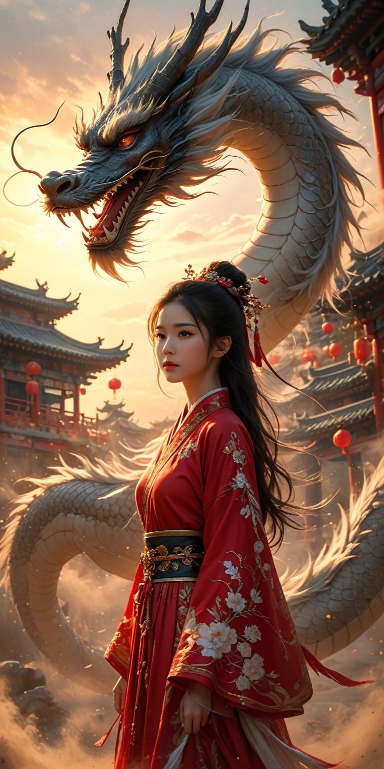 1girl,black hair,((temple background)),dust dragon,dust,solo,standing,scenery,sunset,wide shot,fantasy,realistic,red hanfu,((vortex dust chinese dragon)),