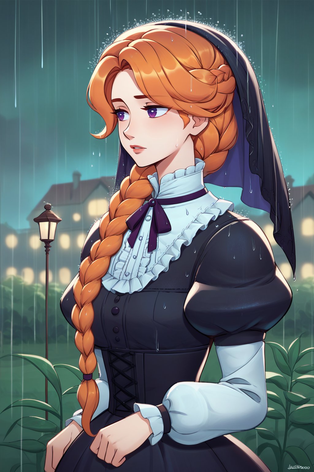 score_9, score_8_up, score_7_up, digital painting, 1girl, solo, <lora:NSLeahStardew:1> NSLeahStardew, orange hair, long hair, braid, braid in front, purple eyes, Victorian, dress, puffy sleeves, frills, veil, black dress, raining, outdoors