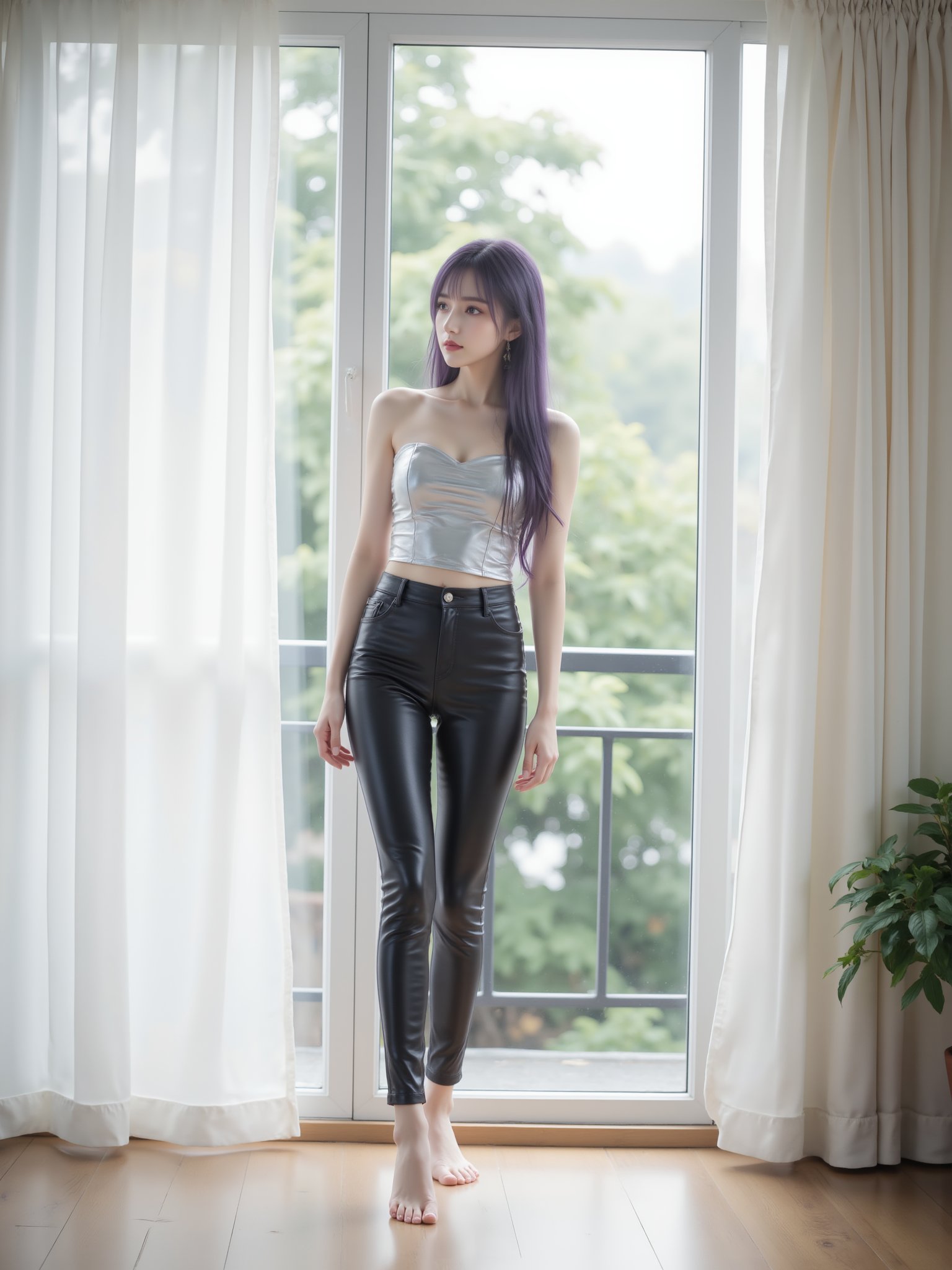 1girl, photograph, woman with long purple hair, wearing a silver strapless top and shiny black pants, from behind,barefoot,standing by a large glass door, soft natural light, serene expression, wooden floor, white curtains, blurred background with greenery outside.<lora:天穹长老2.0:0.8>