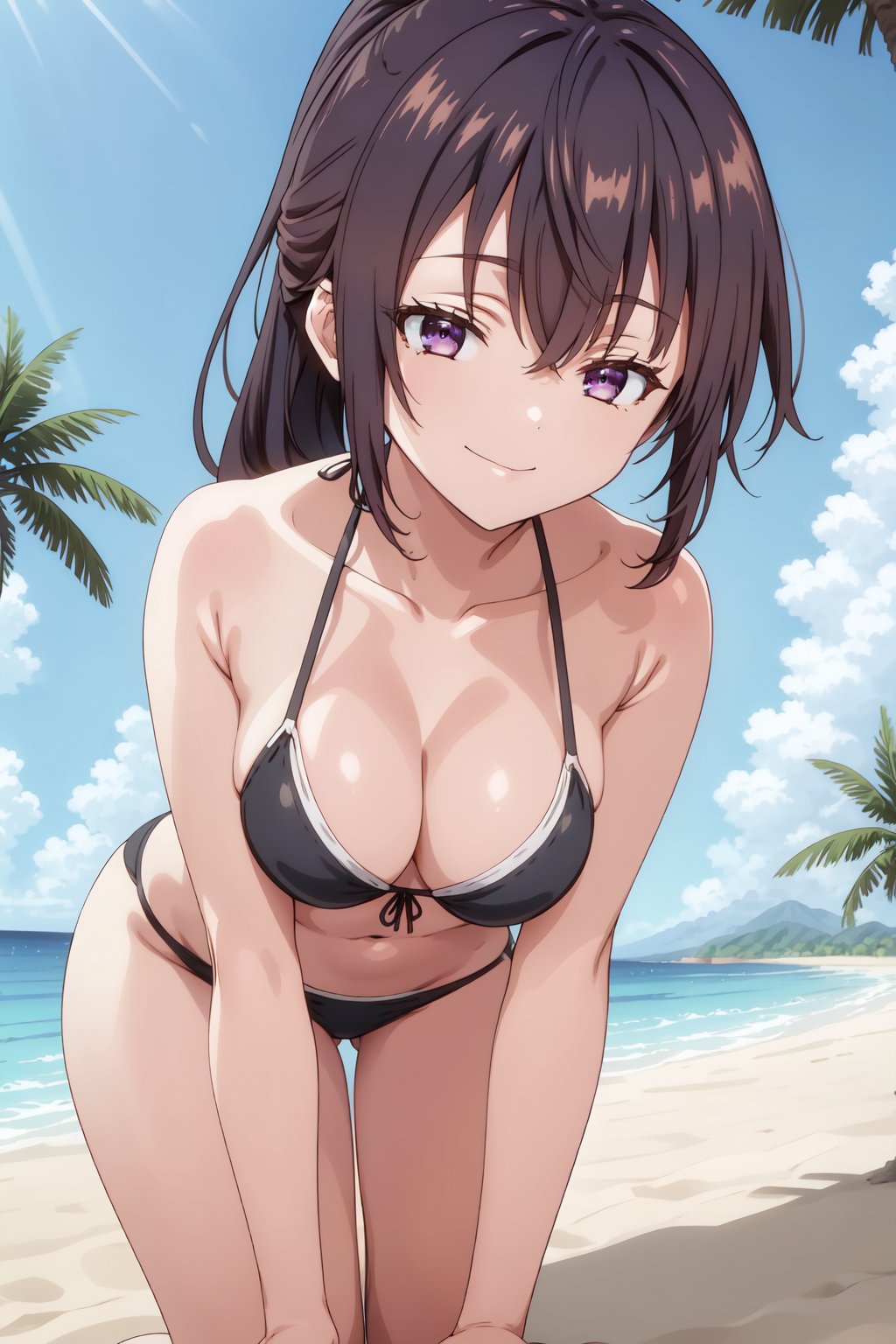 YukiSuou, 4k, absurd, high resolution, very high resolution, high definition, masterpiece, 1girl, solo, long hair, looking at viewer, smile, large breasts, brown hair, black hair, cleavage, hair between eyes, bare shoulders, medium breasts, closed mouth, purple eyes, collarbone, swimsuit, ponytail, bikini, thighs, outdoors, sky, day, cloud, tree, blue sky, bare arms, leaning forward, black bikini, ocean, halterneck, beach, thigh gap, sunlight, all fours, string bikini, sand, palm tree<lora:EMS-435737-EMS:0.800000>