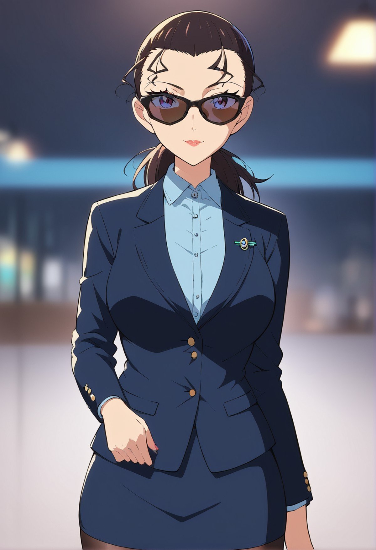 score_9, score_8_up, score_7_up, score_6_up, Light Outline,((1girl,solo,Portrait,front view,milf,)),large breasts, thin thighs,thin hips,thin waist,Mizunashi Rena,ponytail,black hair,bang,long blonde hair, sunglasses,dark blue business suit, blazer, skirt,(Sheer Textured Dark Pantyhose,blurry background, ),<lora:PONY_Rena_Mizunashi_Anime_Detective_Conan:0.8>